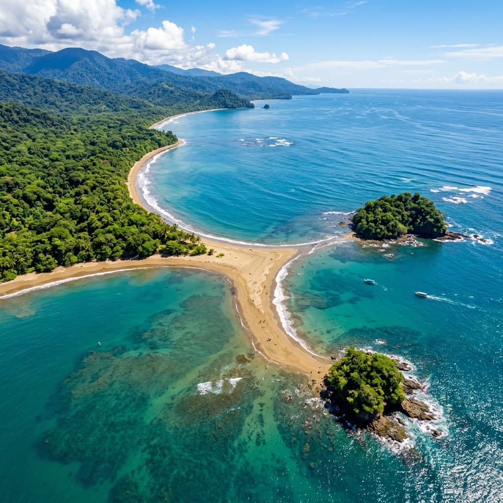 The famous natural sandbar Whale Tail formation in Marino Ballena National Park.