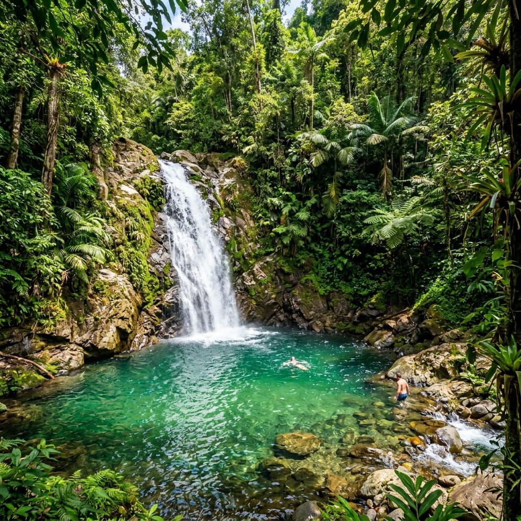 Uvita Waterfall (Catarata Uvita) tucked away in the lush jungle canopy.